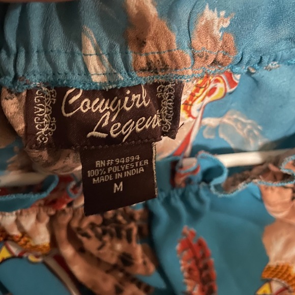 Cowgirl Legend Off The Shoulder Turquoise Feather Print Peasant Blouse Top M - Picture 2 of 7